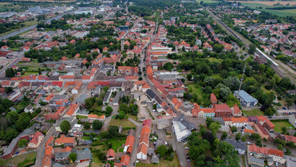 An Aerial panorama around the old town of the city Genthin on a sunny noon in Germany.