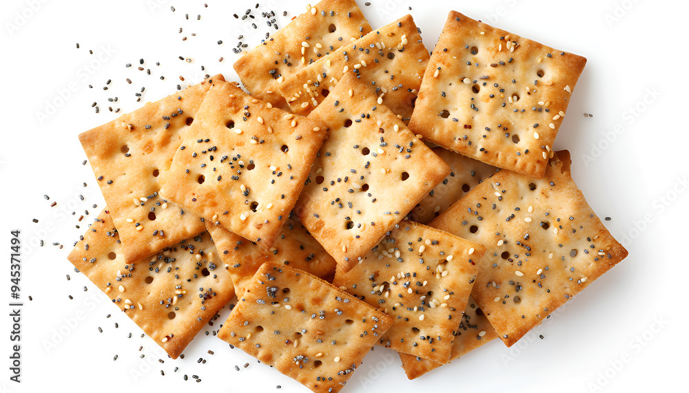 Wall mural delicious crispy crackers with poppy and sesame seeds isolated on white, top view