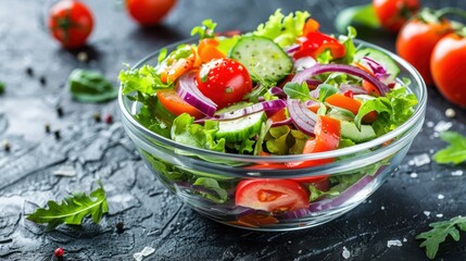 A colorful fresh salad with tomatoes, cucumbers, onions, and lettuce in a glass bowl, ready to be served as a healthy meal.