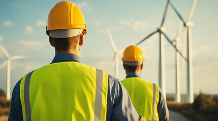 Wind turbine engineer conducting an outdoor inspection, safety equipment in use, set against a horizon of spinning turbines, representing sustainable engineering practices