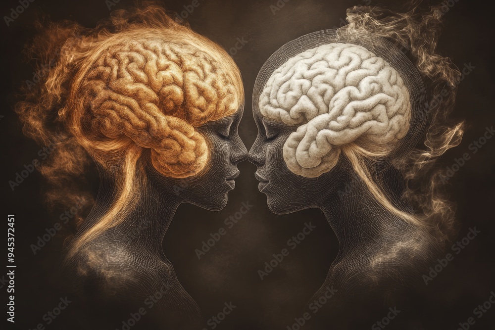 Aufkleber two ethereal brains facing each other in a dreamlike setting symbolize the connection of minds highl