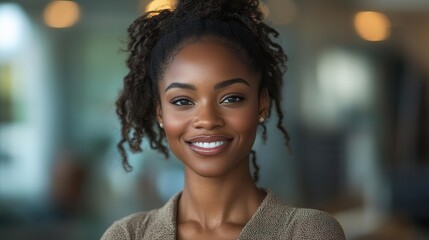 Obraz premium confident businesswoman portrait smiling africanamerican professional stands tall in sleek modern office radiates competence and success in corporate environment
