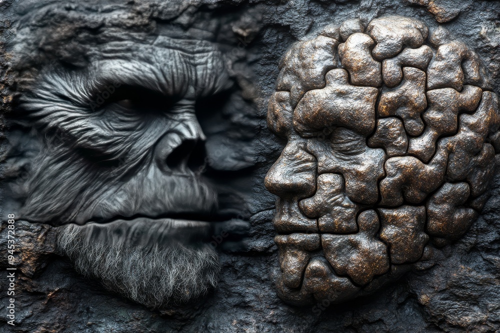 Poster ancient stone figures with carved brains represent the primal connection between human cognition and