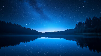 beautiful night sky with stars over a lake and forest landscape with the reflection in the water tranquil nature scene