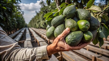Avocado farming close up of a farmer holding a cluster of freshly picked avocados. 