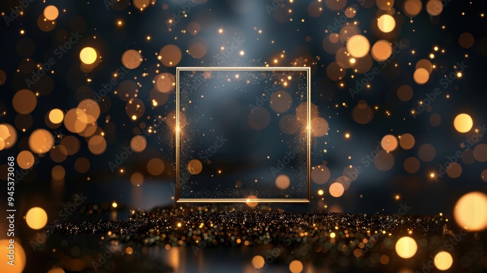 Aufkleber golden frame surrounded by sparkling bokeh lights on a dark background, creating a festive atmospher