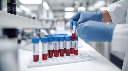 Scientist Handling Blood Samples in Laboratory for Medical Research and Analysis