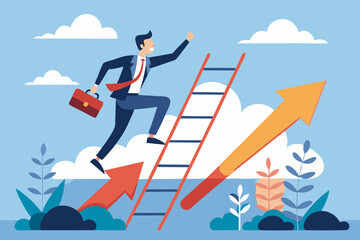 Obraz premium Climb up ladder to reach target or goal, aspiration to success, growth or aiming to achieve target, objective or purpose, motivation to winning concept, businessman climbing ladder to business goal. 
