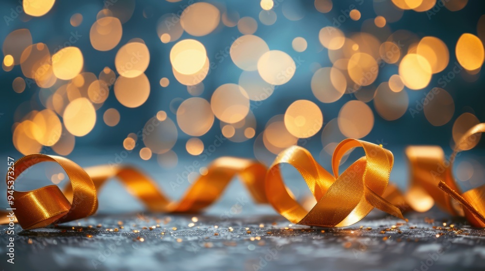 Poster golden ribbon curled on a surface with a backdrop of sparkling bokeh lights, creating a festive and 