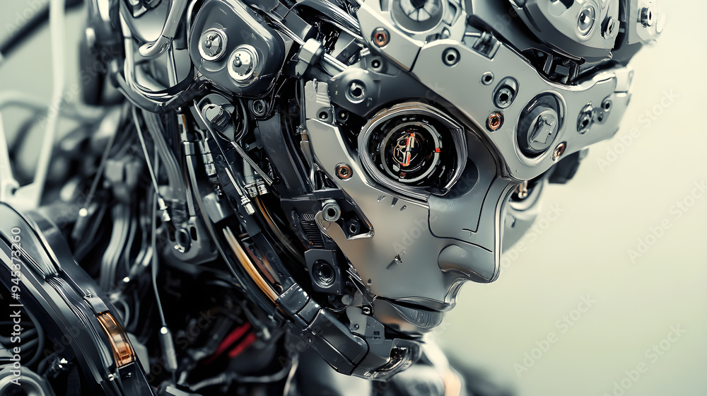 Poster a close-up of a humanoid robot features intricate metallic details and advanced technology showcasin
