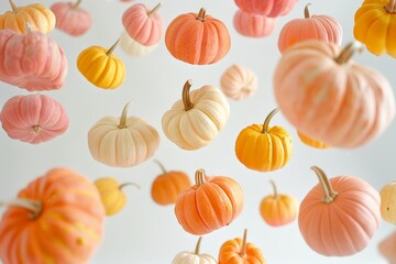 A whimsical array of pastel-colored mini pumpkins floating in the air against a light background.
