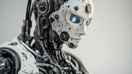 A close-up of a humanoid robot with intricate mechanical details and glowing blue eyes enhances a sense of futuristic technology