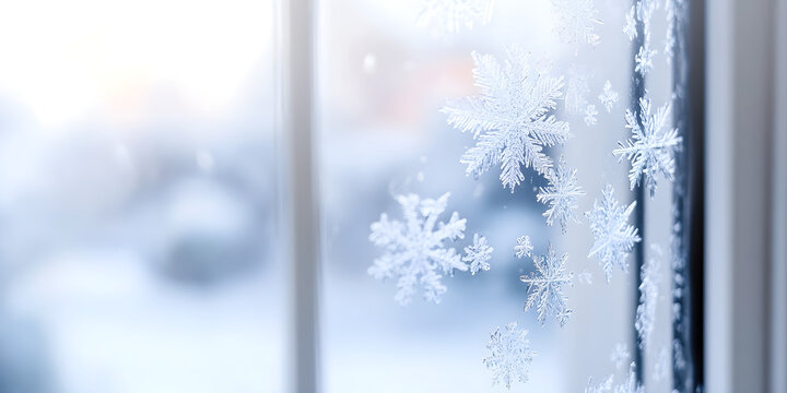A close-up of a frosted window showcases delicate snowflakes glistening against a soft, blurred winter background