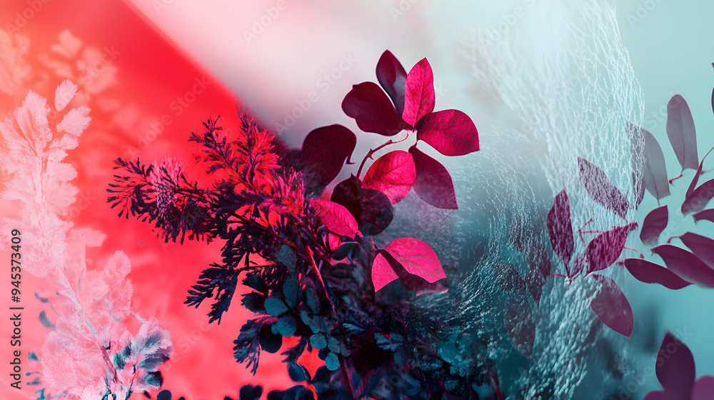 Poster a digital artwork combining vibrant nature elements with abstract shapes showcasing intertwining lea