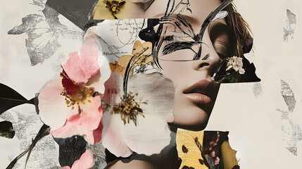 A digital collage features a woman's face intertwined with vibrant flowers and textures, blending beauty and nature in an artistic composition