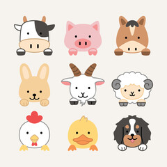 Fototapeta premium Cute animals head illustration icon set bundle simple isolated drawing collection zoo pets wildlife