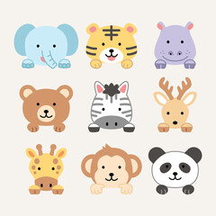 Cute animals head illustration icon set bundle simple isolated drawing collection zoo pets wildlife