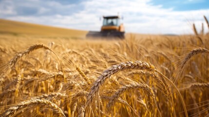 Field of Golden Wheat Stalks with Harvester Approaching in the Distance