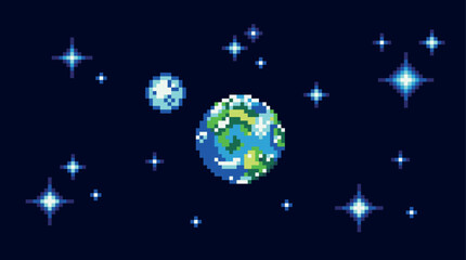 Earth and moon pixel art banner. Blue planet in space, stars around. Astronomical object background. 8-bit sprite. 