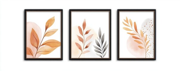 Set Boho style wall art featuring abstract patterns with earthy tones, isolated on a white background, illustrated in watercolor style.