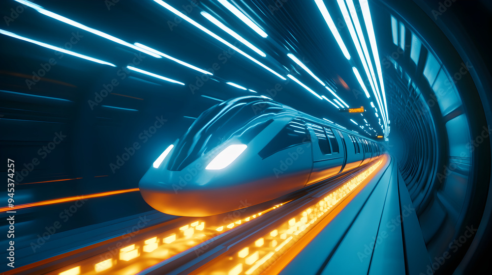 Aufkleber a futuristic train speeding through a glowing tunnel with dynamic light trails creating a sense of m