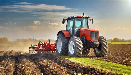 Tractor Plowing Field on a Sunny Day with Modern Agricultural Technology