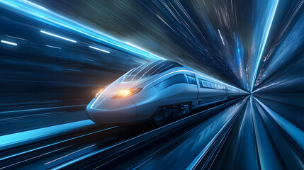 A futuristic train speeds through a glowing tunnel, emitting bright light trails and creating a sense of rapid motion and advanced technology