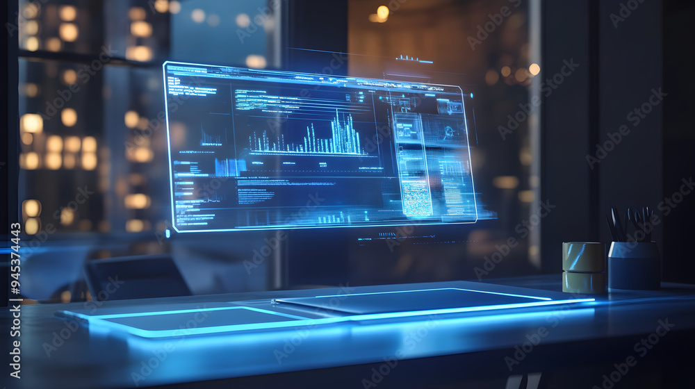Aufkleber a holographic interface floats above a sleek desk in a modern workspace, displaying data and analyti