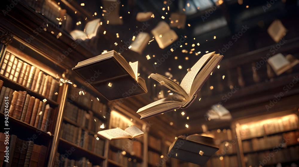 Poster a magical library where books float in the air, surrounded by shelves filled with ancient volumes, c