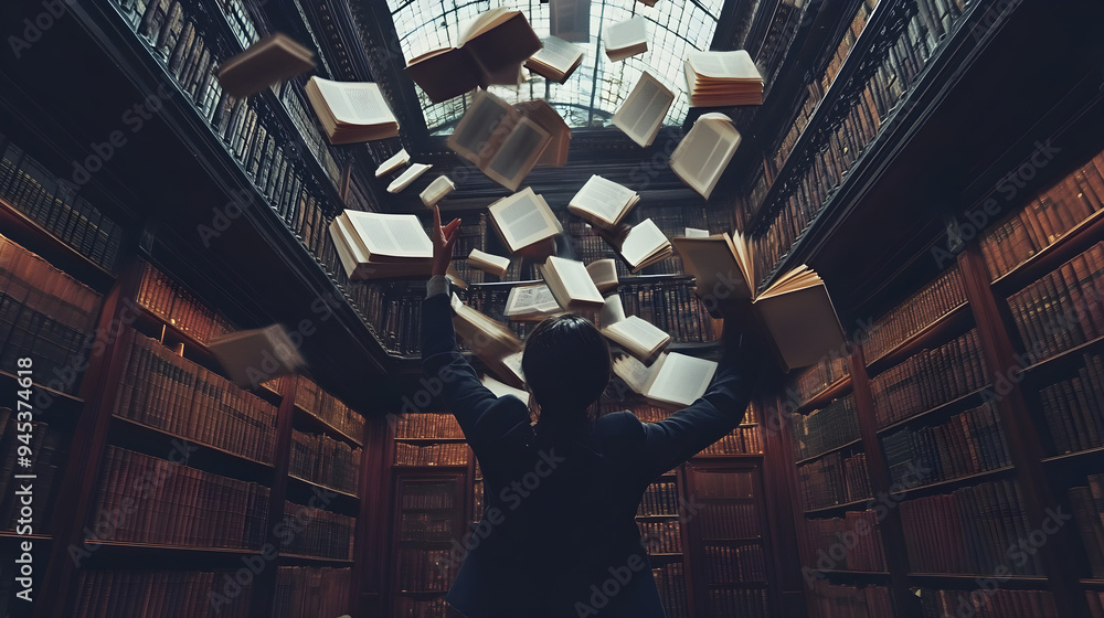 Poster A magical library features floating books in mid-air, creating a surreal and enchanting atmosphere as a figure reaches towards them