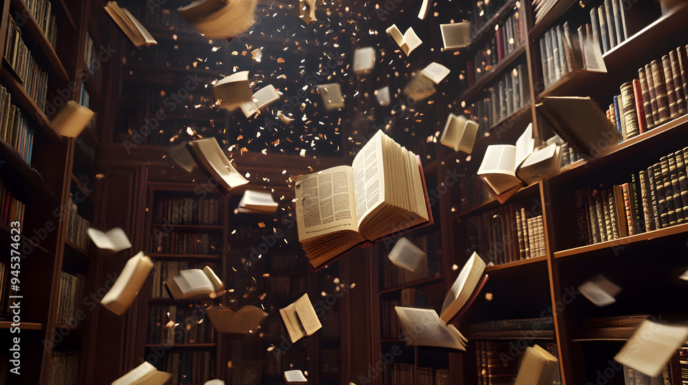 Poster a magical library where books float in the air, illuminated by soft light and surrounded by shelves 