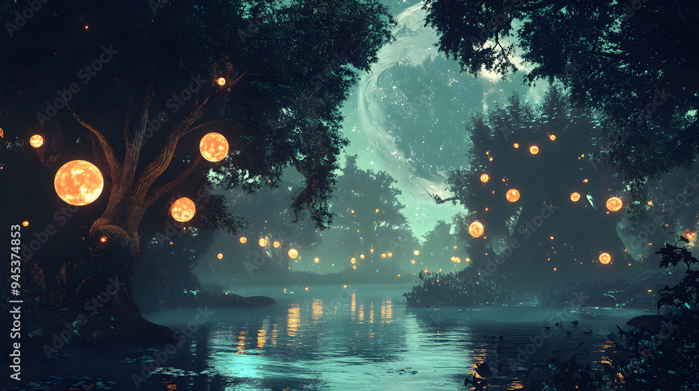 Poster a mystical forest reveals glowing trees and floating orbs, creating an enchanting atmosphere at twil