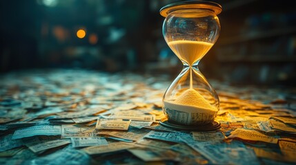 Hourglass on a Table Full of Currency Notes in a Dimly Lit Room, Symbolizing the Passage of Time and Financial Concepts