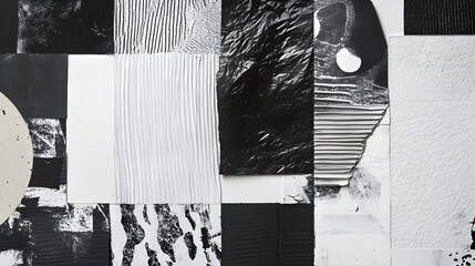 A monochromatic collage features various textures and patterns in black and white, creating a striking visual composition that invites exploration of depth and contrast