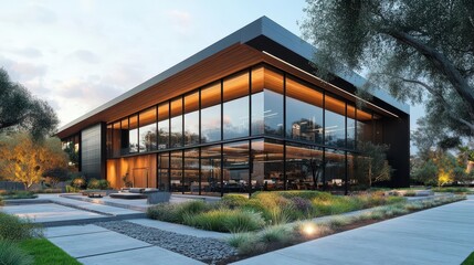 contemporary warehouse exterior with sleek office pod attachment industrial aesthetic meets modern design clean lines large windows and minimalist landscaping