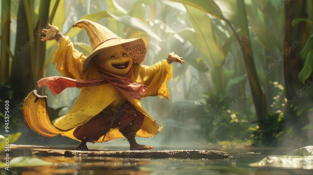 Poster Joyful Banana Character Dancing in a Lush Forest.