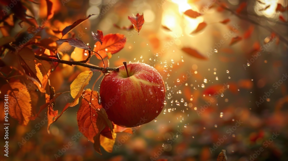 Wall mural Red Apple on Branch with Autumn Leaves and Water Droplets.