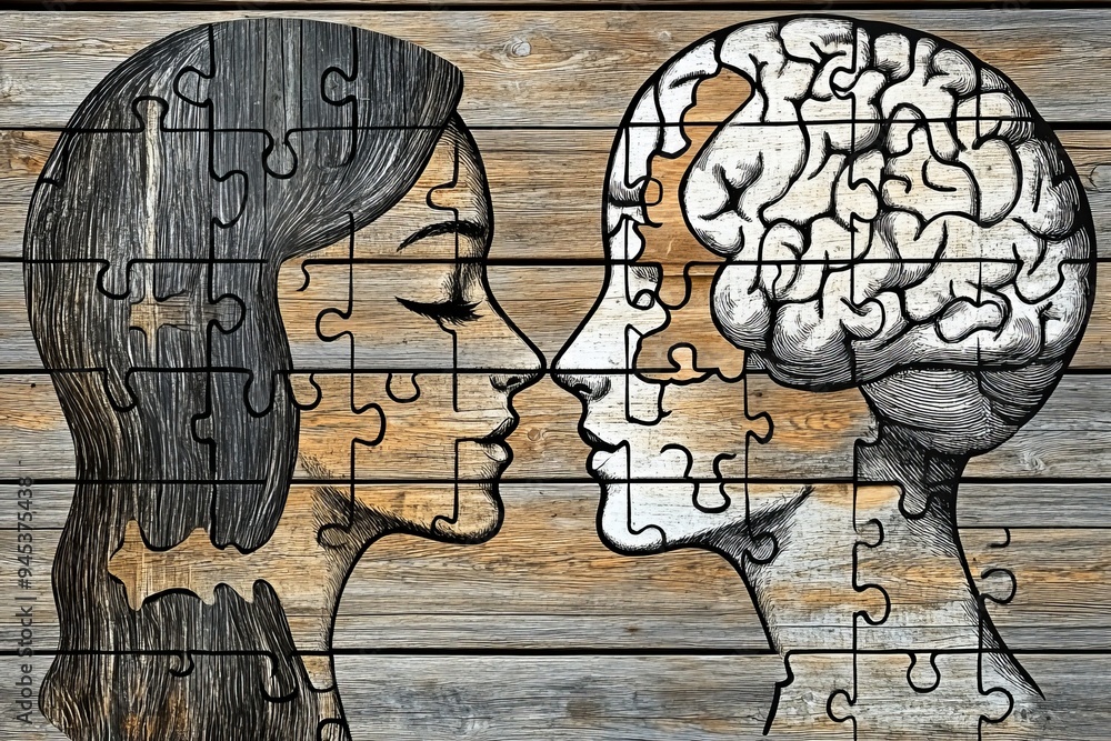Poster two heads with puzzle brains facing each other represent the process of intellectual exchange and co