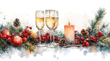 Watercolor Table setting Dinner with candle light and glasses of champagne in christmas dinner,forks, knives, spoons,empty plate,isolated illustration on white background,holiday.