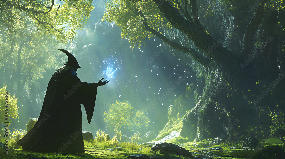 Poster a wizard casts a spell in an ancient forest, surrounded by vibrant greenery and mystical light, crea