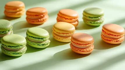 Obraz premium Matcha Green tea and orange macaroons on green background, colorful French cookies pattern,french macaroons,Paris Pastry macaron green tea,matcha,bakery and branding concept,copy space,copy space.