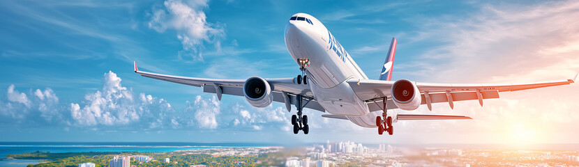 Obraz premium Passenger airplane is taking off from the runway during a beautiful sunset