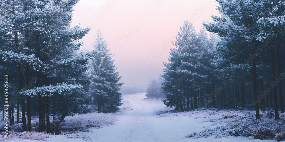Poster a snow-covered pine forest at dawn features a serene path winding through the trees, creating a tran