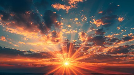 Sunset with sunrays fading behind clouds in the backdrop, perfect for copy space image