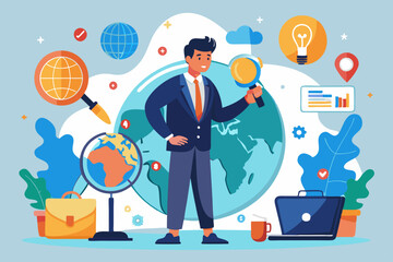 Global world economic analysis, international work opportunity, oversea research or investment country risk, region or foreign career searching concept, businessman analyze global world business.
