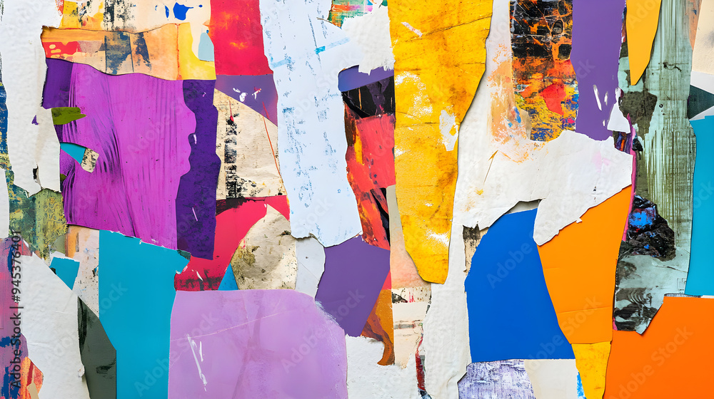 Poster an abstract collage featuring torn paper textures in vibrant colors creating a dynamic composition f