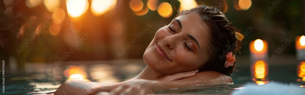 Poster relaxing woman enjoying a serene evening soak in a spa with candles and sunset glow in the backgroun