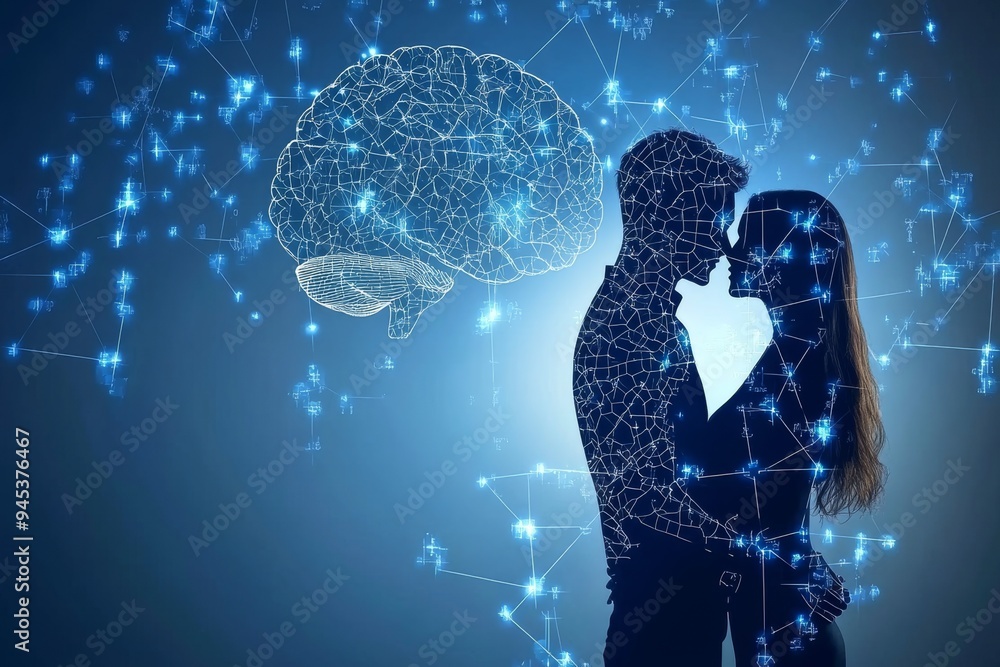 Aufkleber a couple with digital brain connections in a futuristic environment symbolizes the integration of te