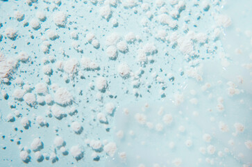 Cosmetic products on a blue background. Sample of enzyme powder and clear liquid cosmetics. Texture of cosmetic skin care product