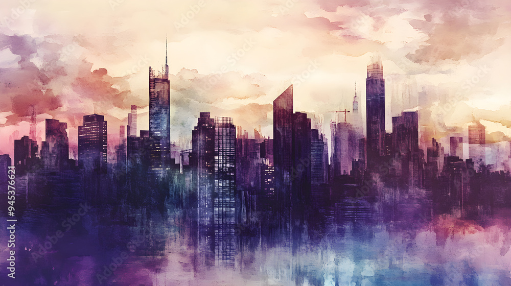 Poster an artistic interpretation of a cityscape features vibrant colors and abstract shapes blending to cr